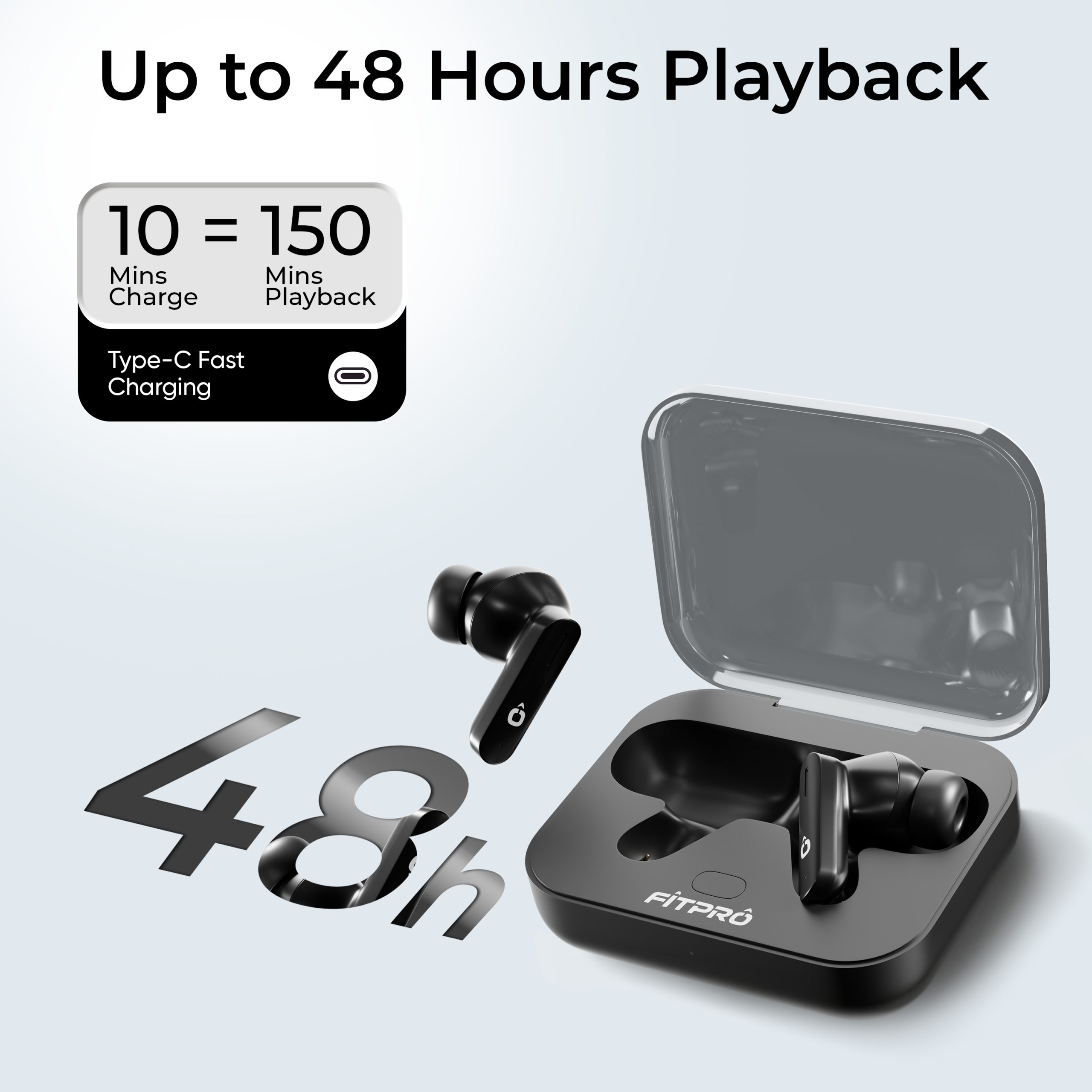 FitPro Air7 True Wireless Bluetooth Earbuds – Bluetooth 5.3, Deep Bass, 40H Playtime, ENC, Fast Type-C Charging (Black/White)