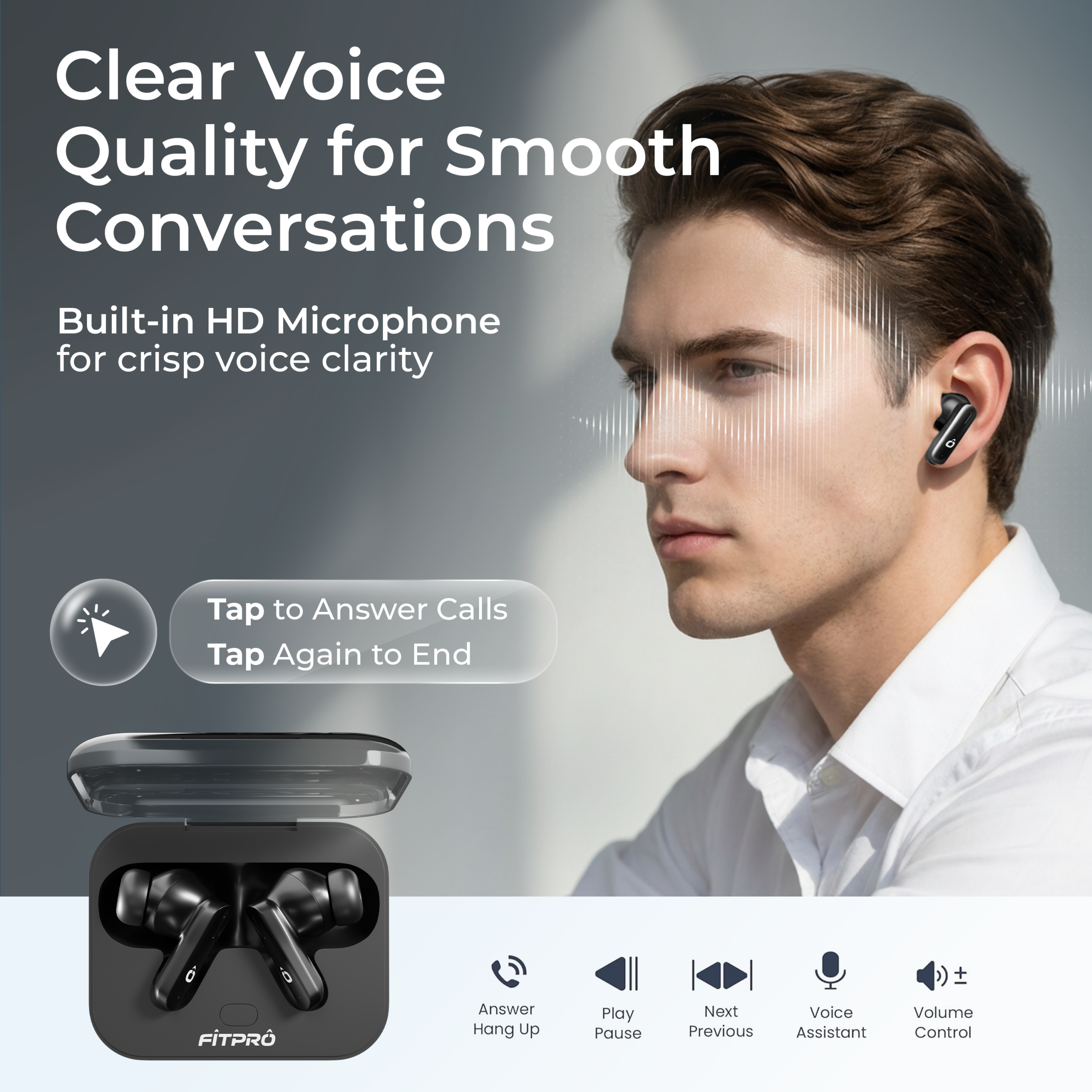 FitPro Air7 True Wireless Bluetooth Earbuds – Bluetooth 5.3, Deep Bass, 40H Playtime, ENC, Fast Type-C Charging (Black/White)