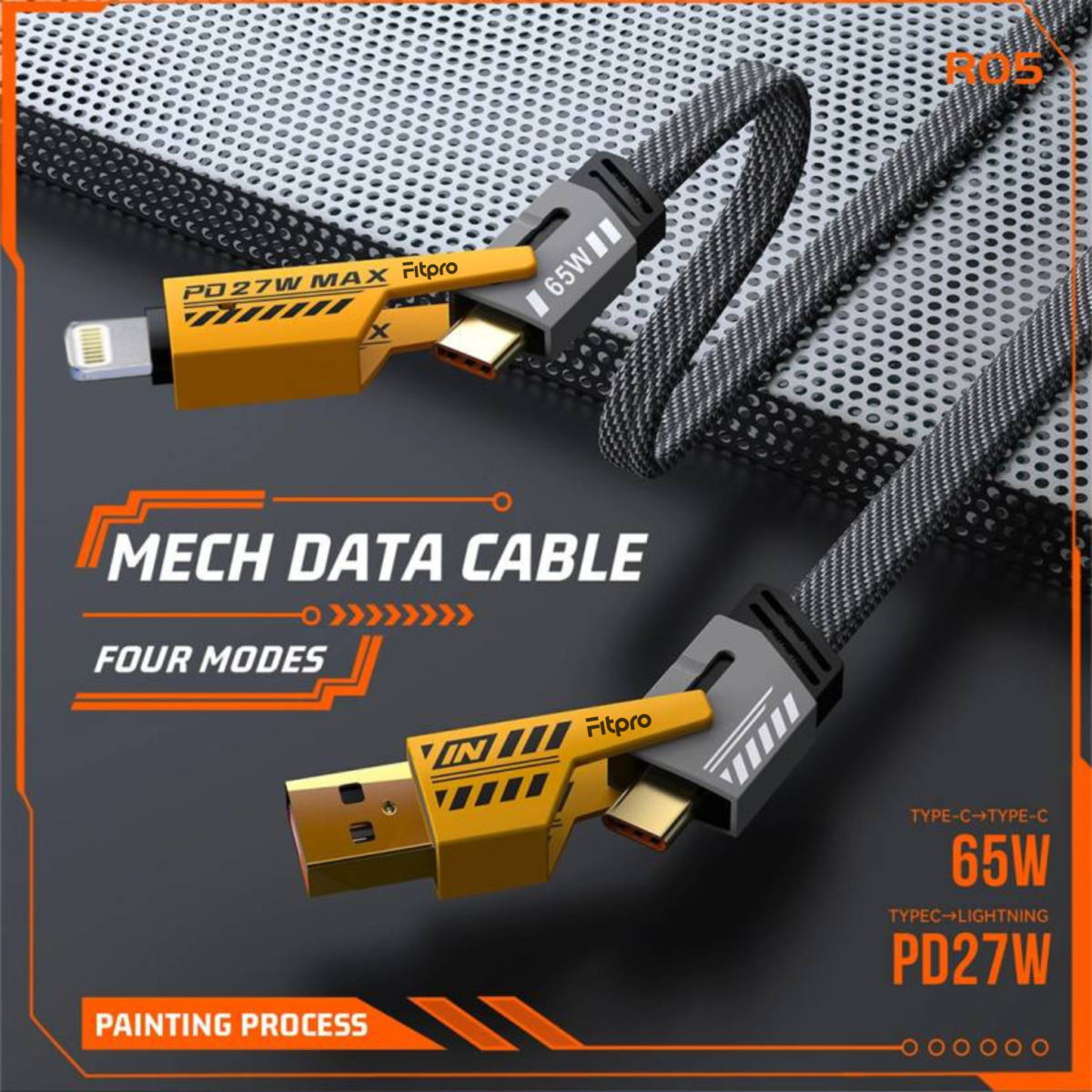 Fitpro 3-in-1 Cable 2 A 1 m Foil shield 4-in-1 65W fast charging  (Compatible with Apple, Android, Tablets, Black, One Cable)